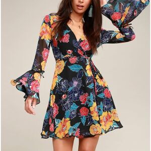 Lulu's Black Floral Print Wrap Dress
